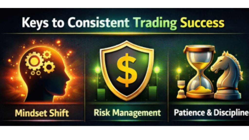 Breakthrough trading mindset showing a trader moving from emotional losses to consistent success with rising market charts