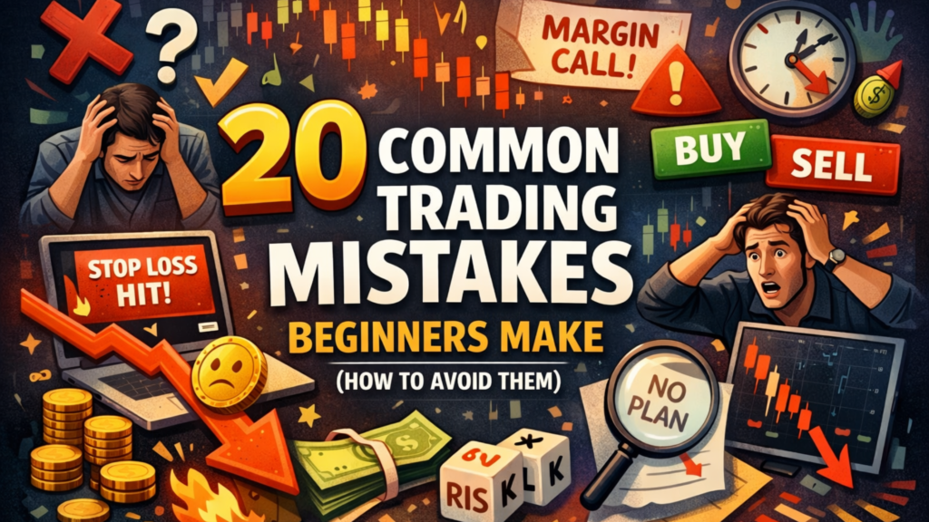 20 common trading mistakes beginners make illustrated with stressed traders, stop-loss hits, margin calls, and falling charts