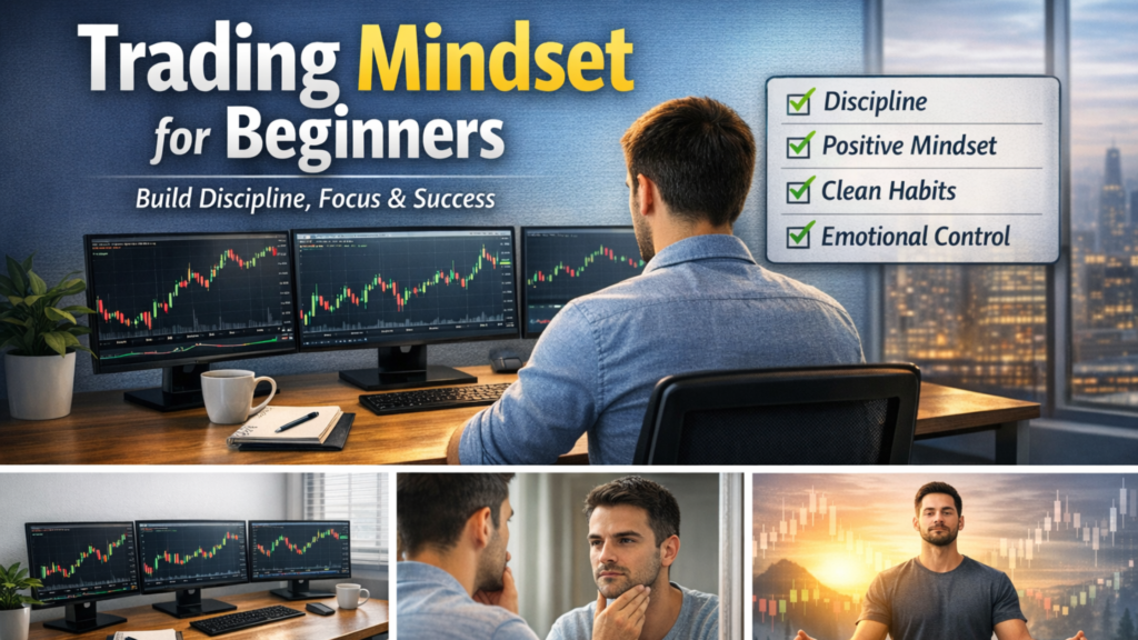 “beginner trader working calmly at clean desk with strong trading mindset”