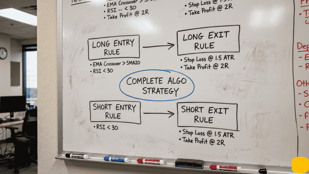 whiteboard showing complete algorithmic trading strategy structure with entry and exit rule flowchart