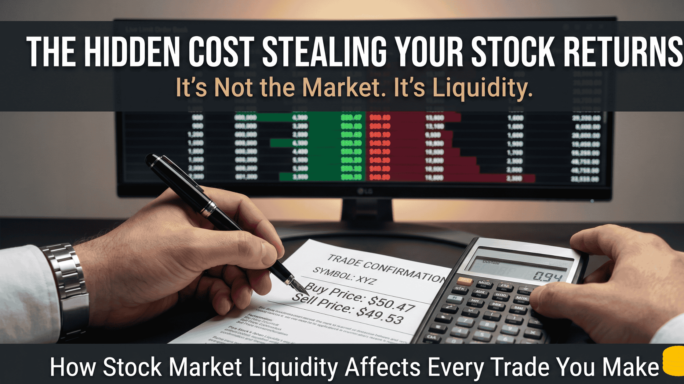 how stock market liquidity affects your trades — hands holding trade confirmation showing hidden bid ask spread cost