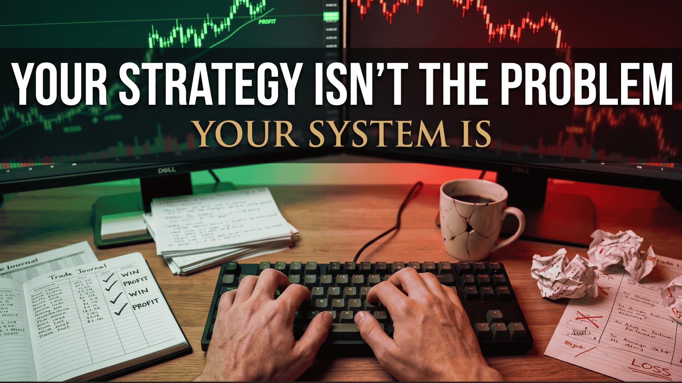 how to build a trading system that actually works — split screen showing trading success vs failure with text overlay