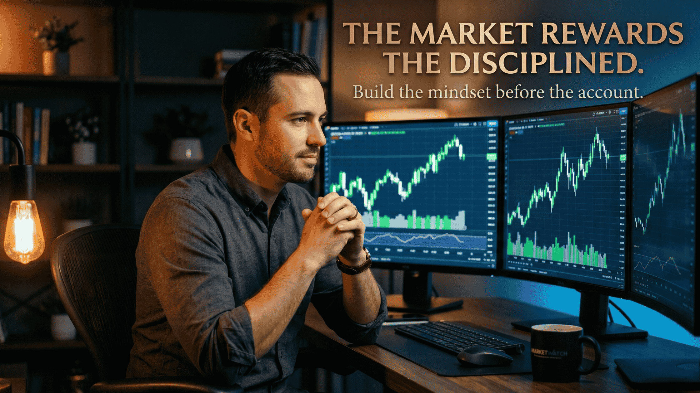 How to develop a trading mindset — disciplined trader reviewing charts with focused calm