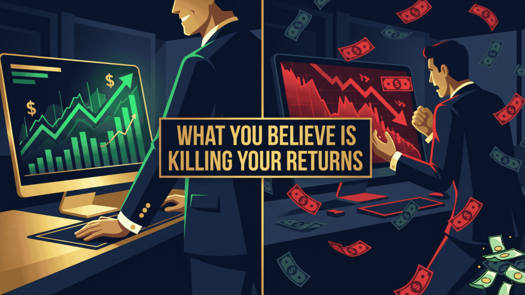 Investing Beliefs That Cost You Money (And What to Do Instead) investing beliefs that cost you money split screen showing confident vs shocked investor
