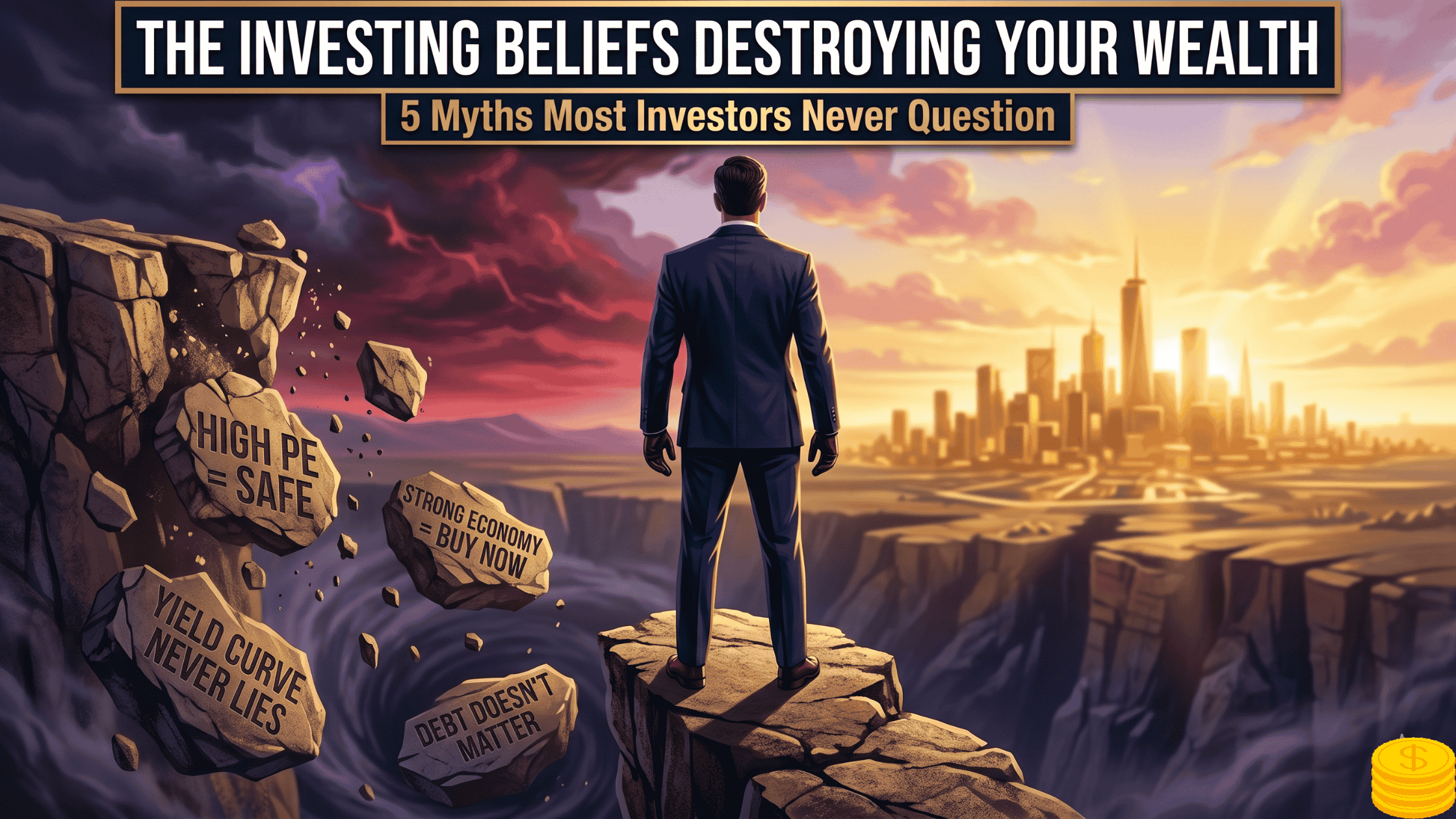 investing beliefs that cost you money — investor standing on crumbling cliff of financial myths