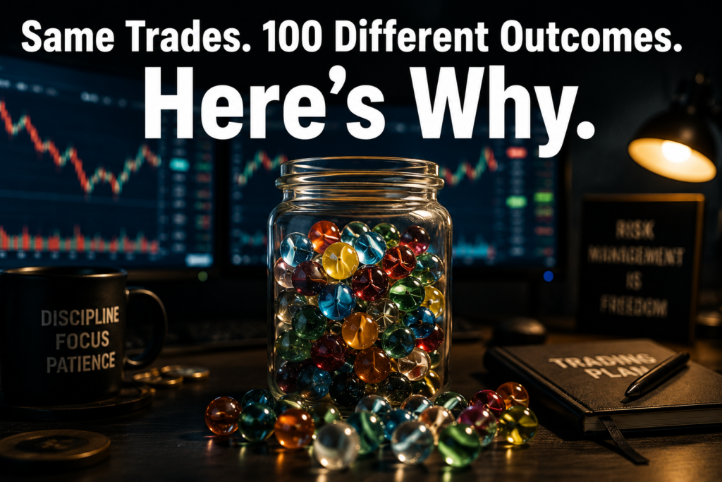 Position sizing marble game showing why same 
trades produce 100 different trading outcomes