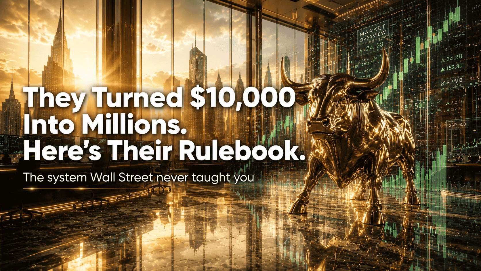 Golden bull statue with rising stock charts representing stock trading rules for beginners that actually work