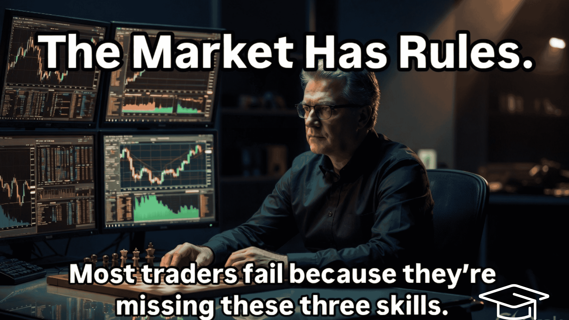 Three skills top traders use to beat the market shown through a confident grandmaster trader at a dark elite trading desk