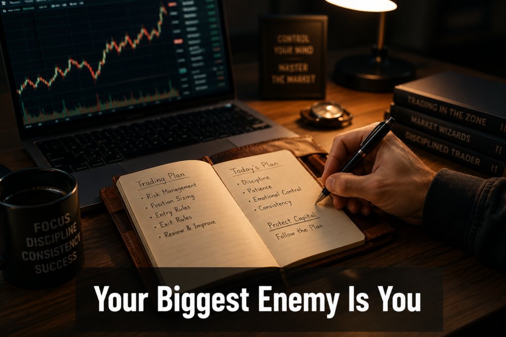 Trader writing a trading business plan journal 
to avoid common trading mistakes
