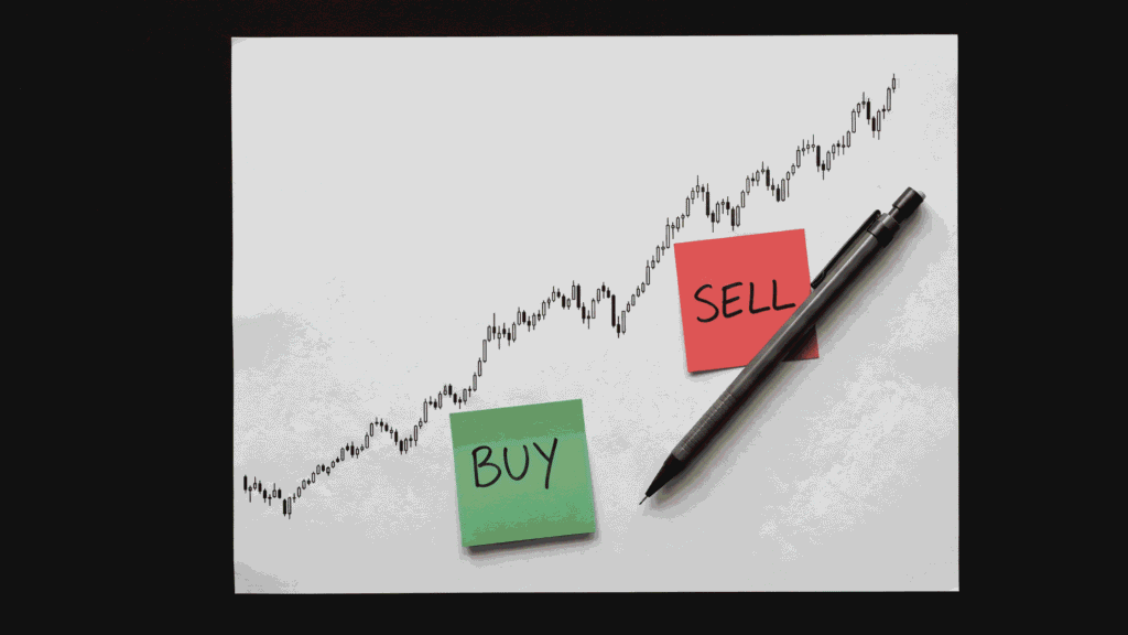 buy and sell entry exit signals marked on a printed stock chart with sticky notes