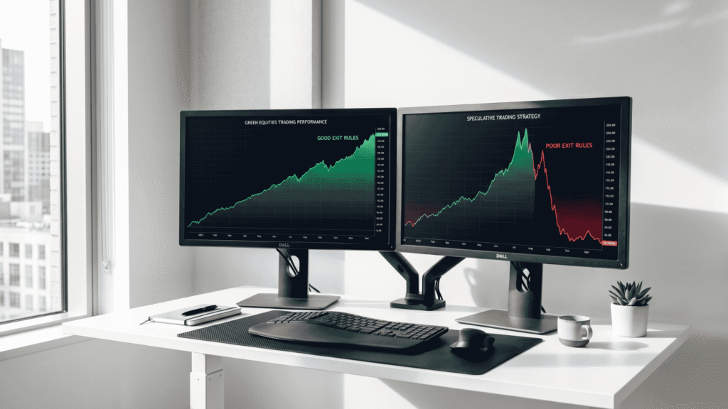 dual monitor comparison of good vs poor exit rules showing equity curve results in algorithmic trading