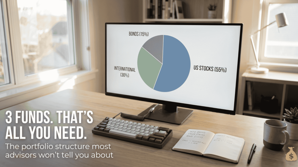 How Much Money Do I Need to Start Investing? (Honest Answers for Every Budget) 3-fund portfolio pie chart on monitor showing how much money to start investing across US stocks, international, and bonds