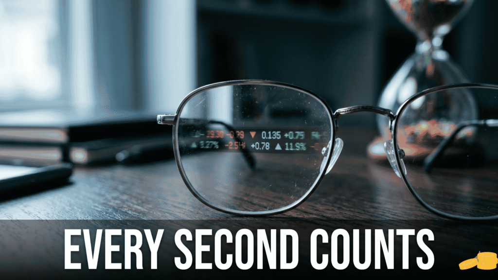 Long-Term Investing vs Day Trading: Which Path Actually Fits You? Stock ticker reflected in glasses, representing the constant decision-making required in day trading