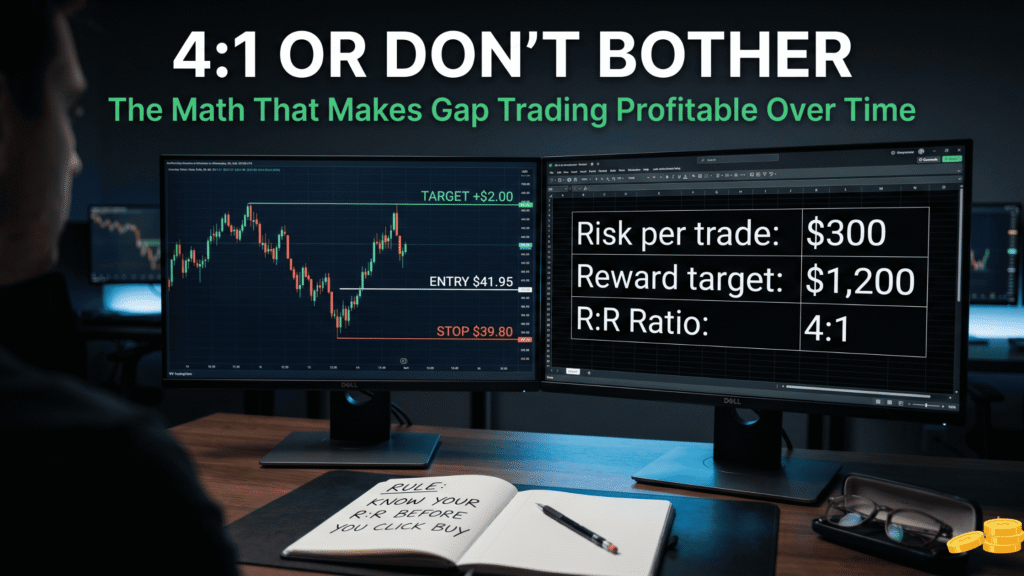 Dual monitor trading setup showing gap and snap strategy reward to risk ratio calculation with target entry and stop loss levels marked on candlestick chart