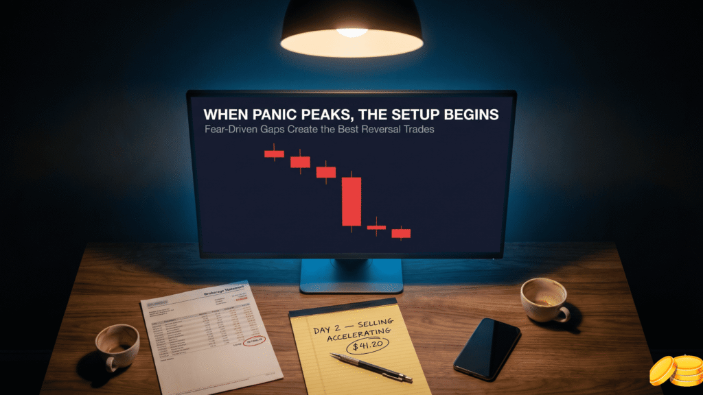 Trader desk at night showing gap down candlestick chart illustrating psychology of fear-driven selling that creates gap and snap trading setup