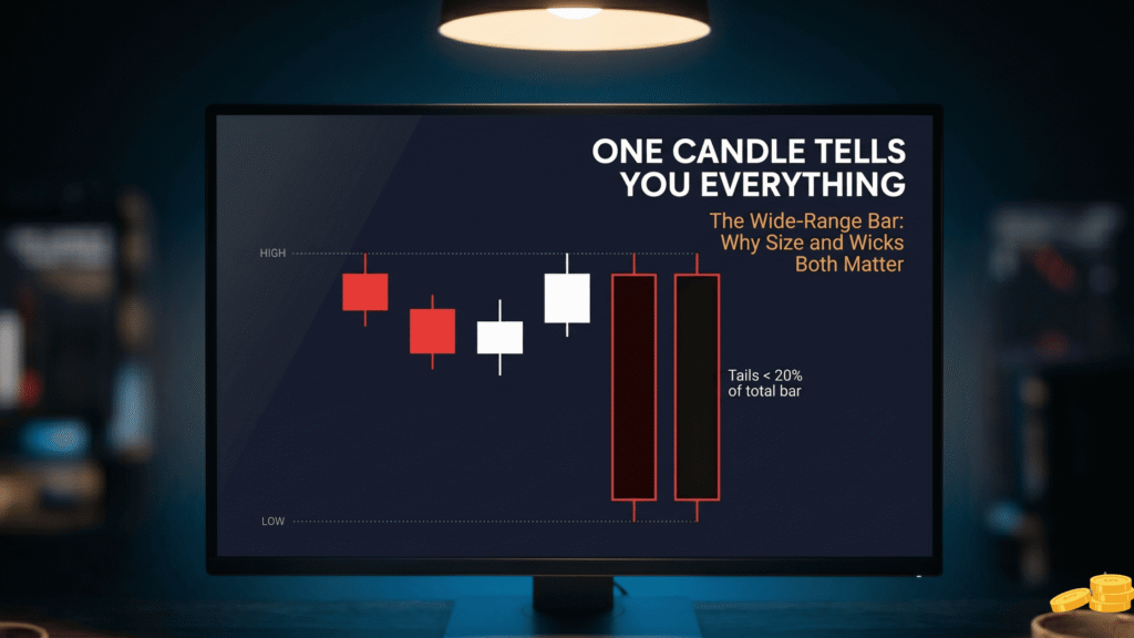 Wide range bearish candlestick bar with minimal wicks shown on trading monitor demonstrating 20/20 bar setup for gap and snap trading strategy