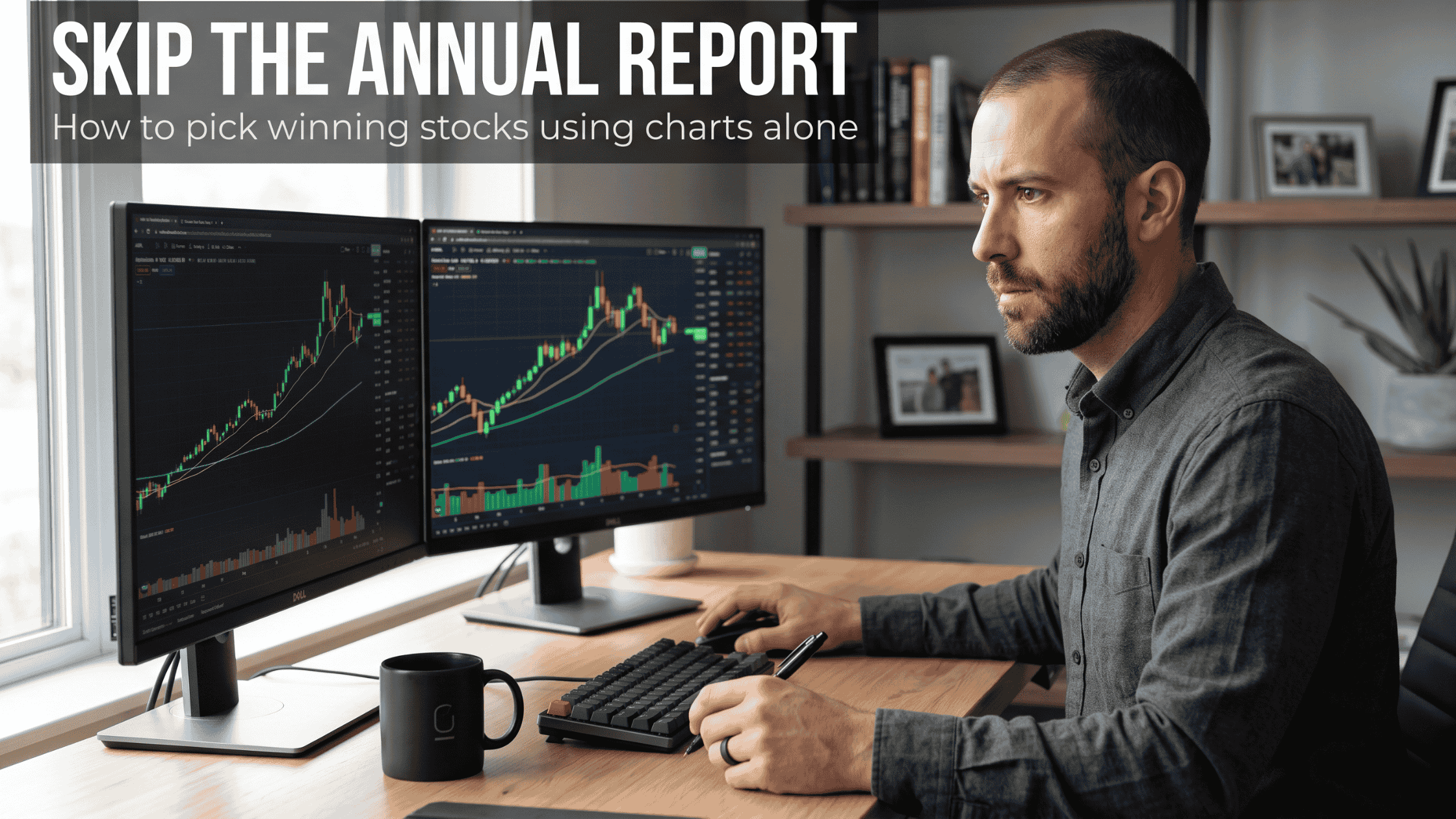 How to pick stocks without fundamental analysis — investor analyzing stock charts on dual monitors