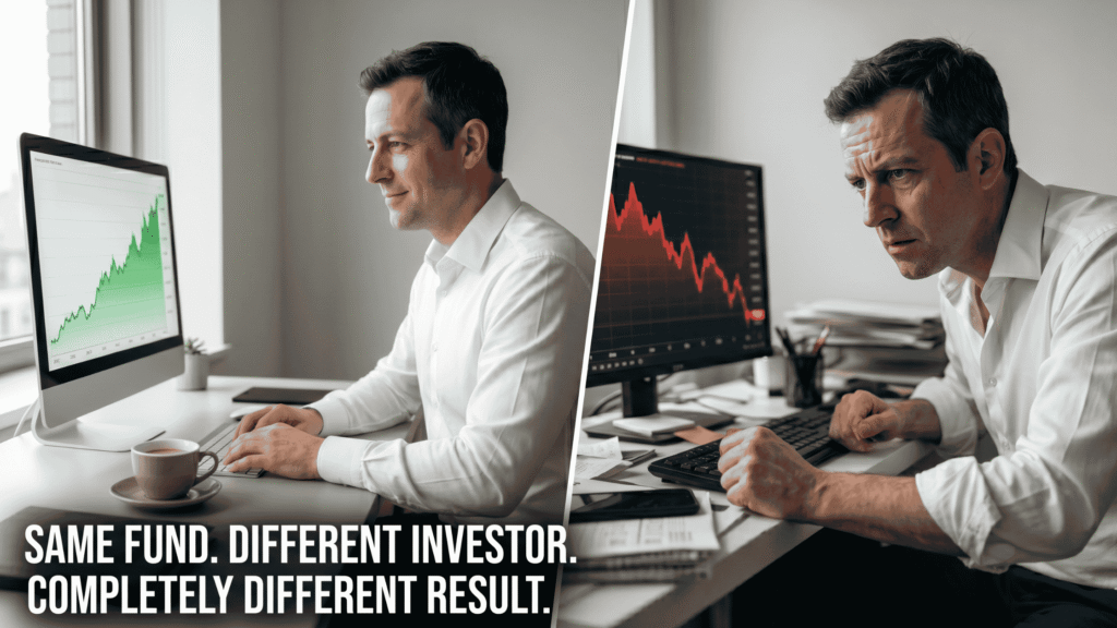 Why Investors Underperform the Funds They Invest In (And What to Do Instead) Split image showing calm investor vs panic seller why investors underperform their own funds through emotional decision-making