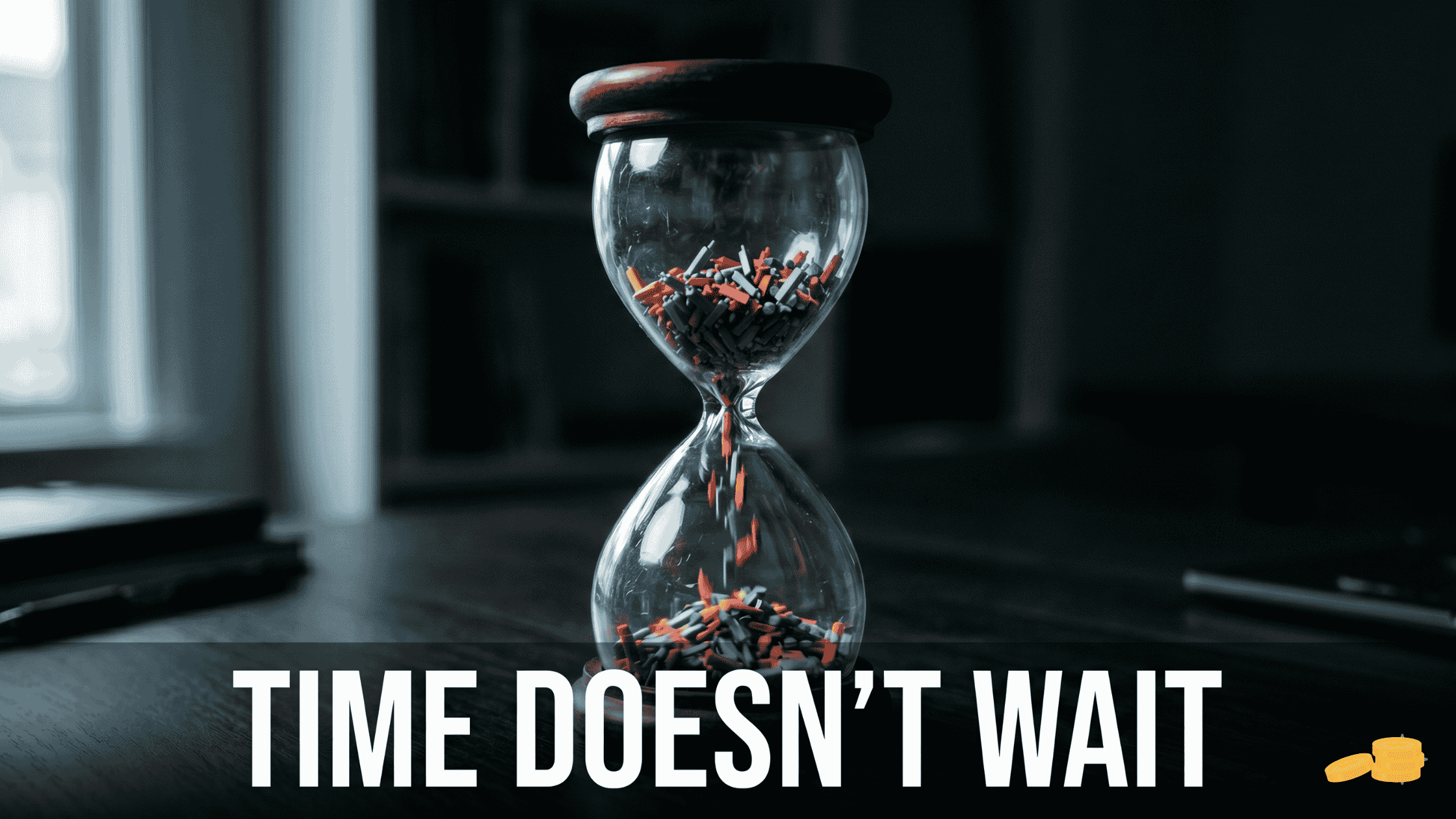 Hourglass with candlestick-shaped sand representing the time pressure of day trading versus long-term investing