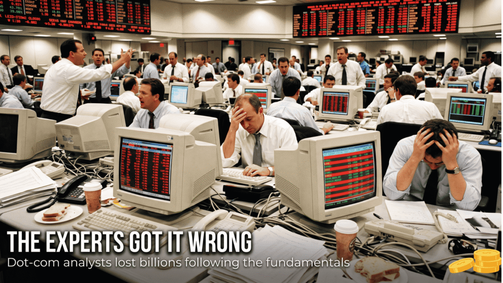 How to Pick Stocks Without Fundamental Analysis (And Actually Make Money) Stock traders on a trading floor reacting to falling prices, showing why fundamental analysis alone fails
