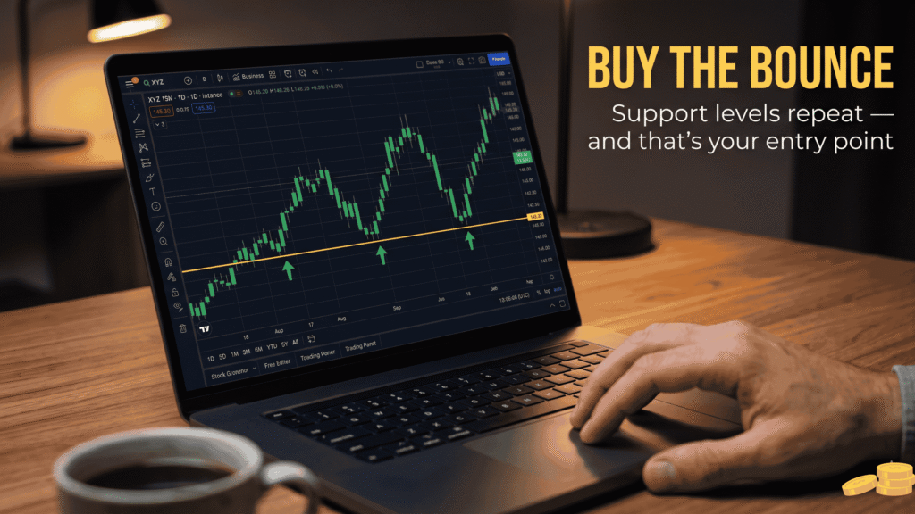 How to Pick Stocks Without Fundamental Analysis (And Actually Make Money) Stock chart on laptop showing price bouncing off support level three times technical stock picking without fundamental analysis