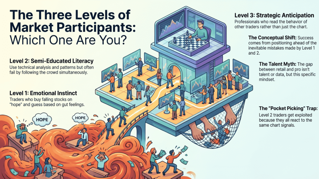 How Professional Traders Profit From Retail Trader Mistakes (And What You Can Do About It) Three levels of stock market traders showing how professional traders think ahead of retail traders