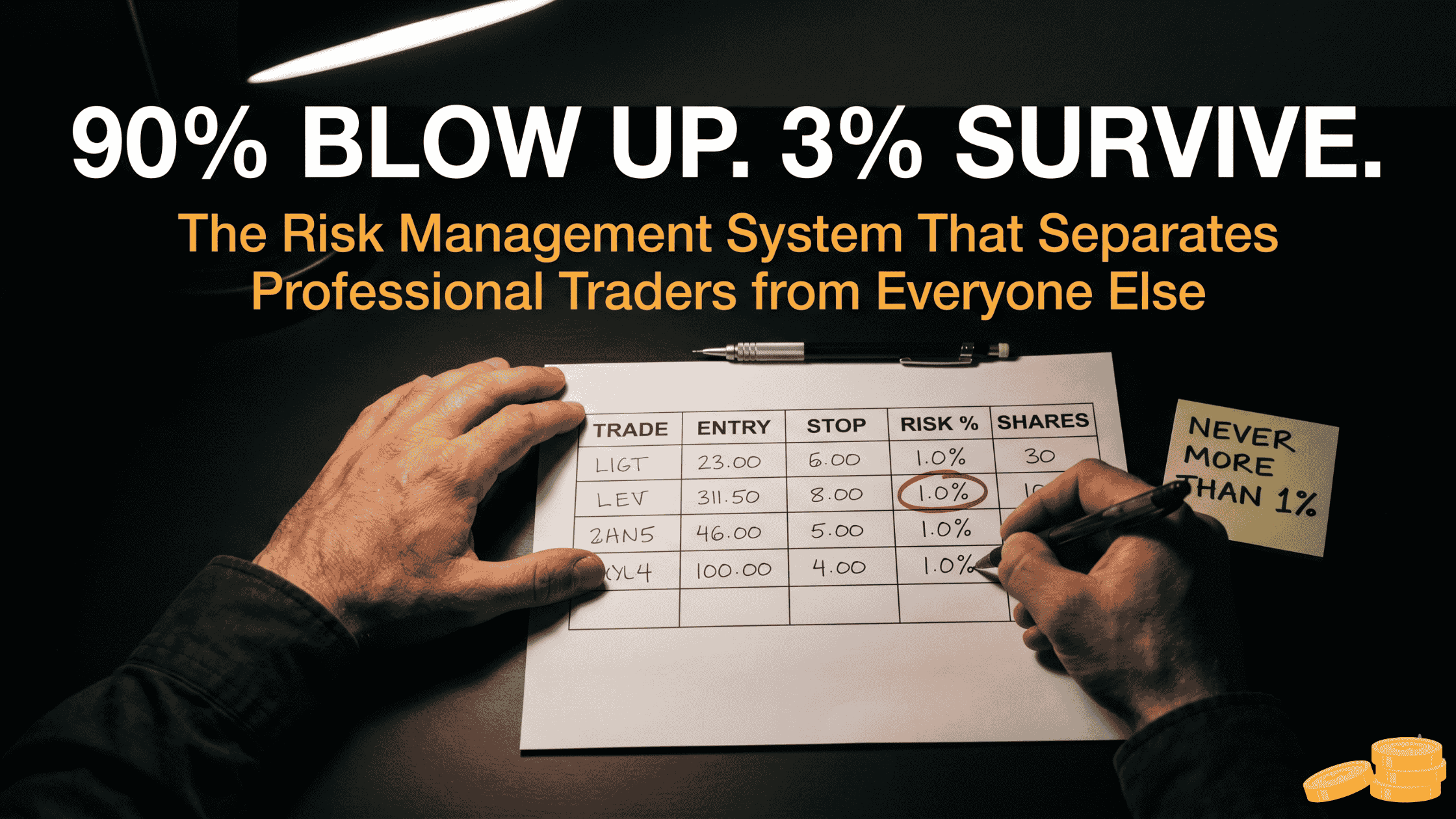 Trend following risk management featured image showing trader writing 1 percent risk rule on trading plan with handwritten position sizing table