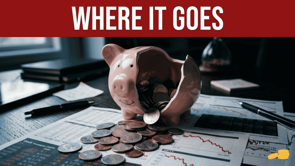 Long-Term Investing vs Day Trading: Which Path Actually Fits You? Cracked piggy bank spilling coins onto a falling stock chart, representing common day trading losses