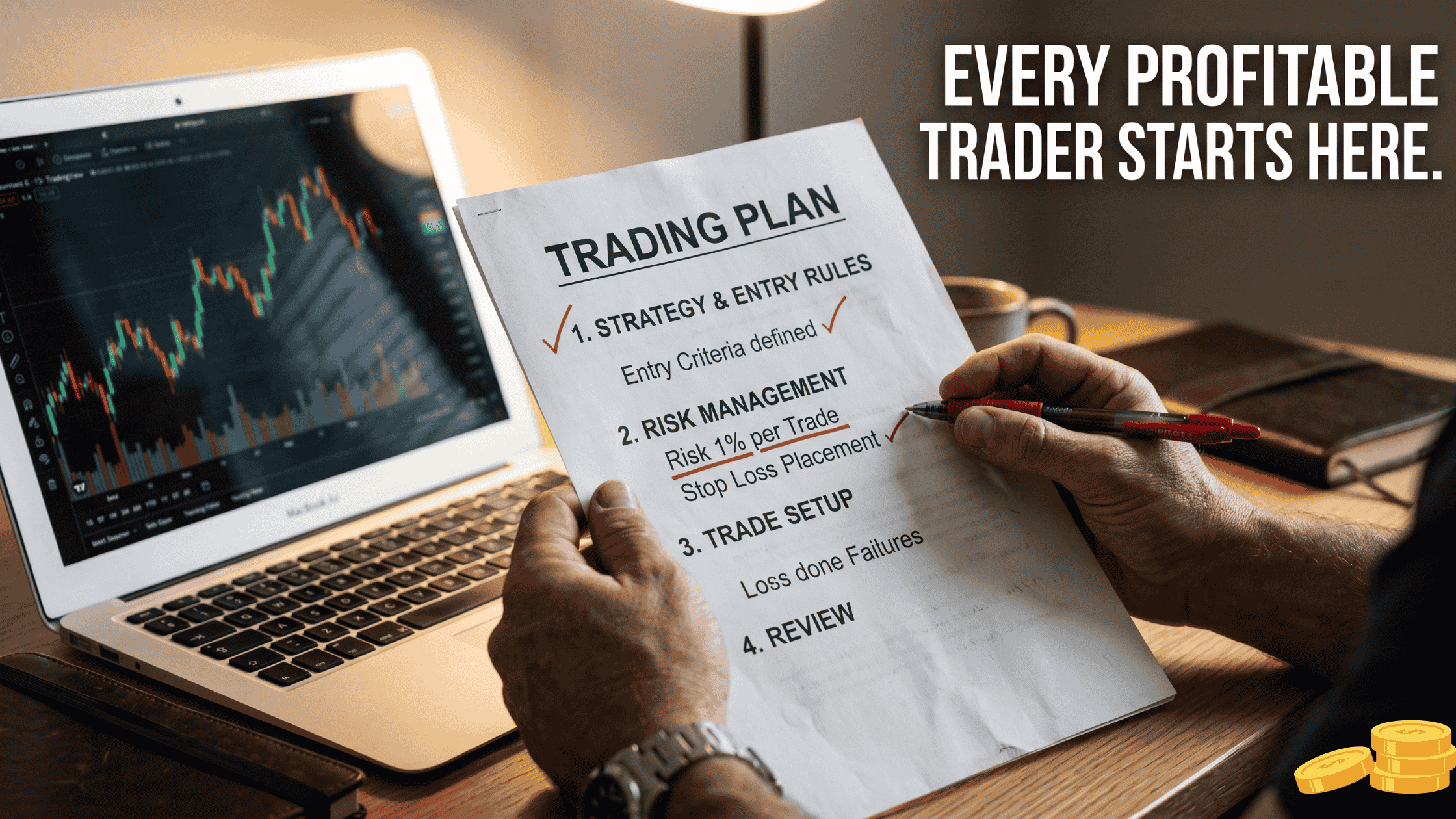 How to build a trading plan for beginners — written trading plan document with notes and chart in background