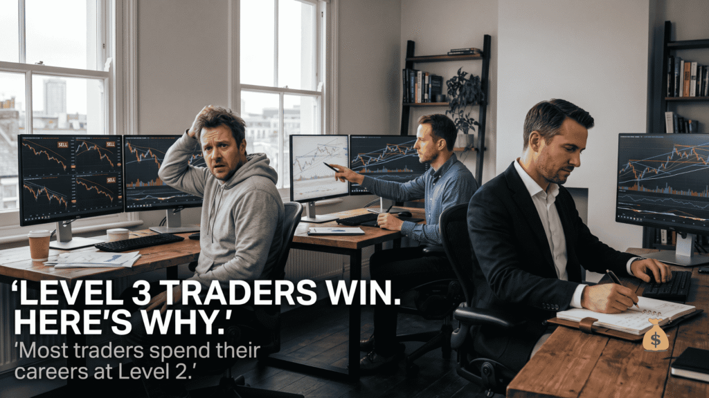 How to Trade Stocks Like a Professional: The Complete Edge-Finding Guide Three levels of traders diagram showing Level 1 emotional, Level 2 technical, Level 3 trade the trader