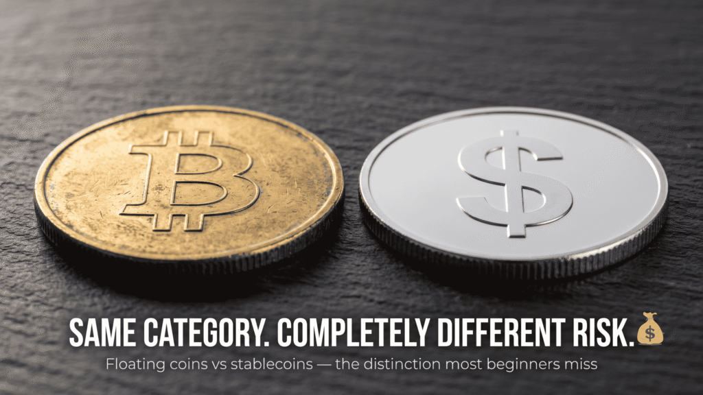 Is Cryptocurrency Worth Investing In? A Research-Backed Answer Gold Bitcoin coin replica beside silver dollar-pegged stablecoin replica — the risk difference between floating cryptocurrencies and stablecoins