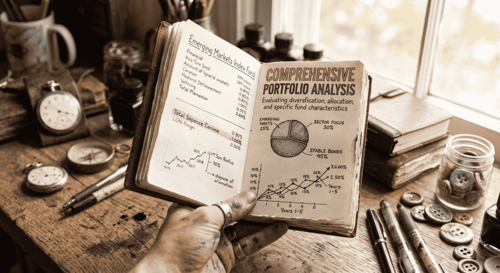 What Is an Index Fund for Beginners? (And Why It Beats Most Investors) A photorealistic flat lay of a financial dashboard on a wooden desk, featuring an iPad with a portfolio tracking dashboard showing diversification by large cap, small cap, and bond holdings, flanked by detailed printouts for 'Emerging Markets Index Fund' and 'Sustainable Sector Fund' fact sheets, a leather notebook, pen, and a high-end calculator. The text overhead reads 'COMPREHENSIVE PORTFOLIO ANALYS