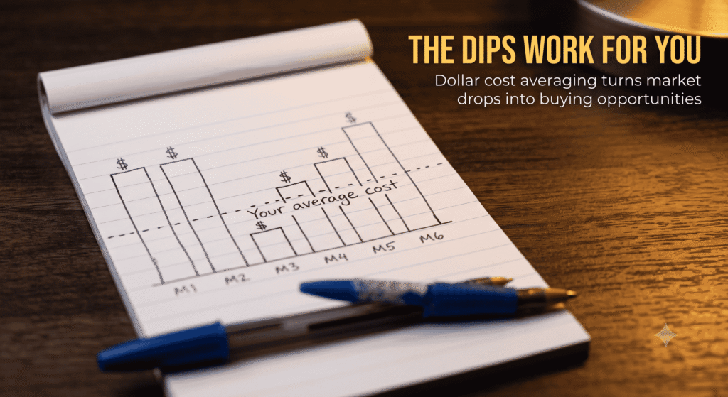 What Is Dollar Cost Averaging? (And Does It Actually Work?) Dollar cost averaging bar chart showing how regular fixed investments lower your average cost per share over time