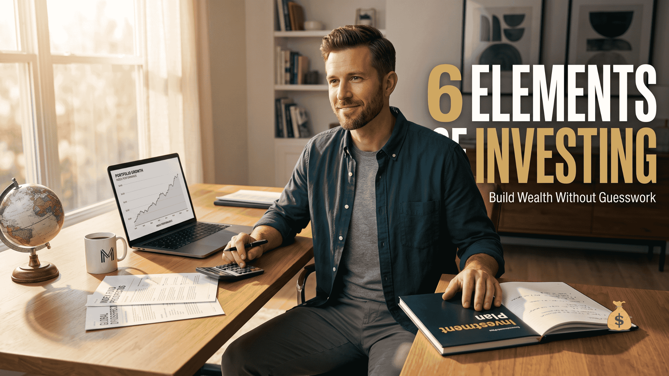 6 elements of investing for beginners showing investor planning a simple long-term investment strategy