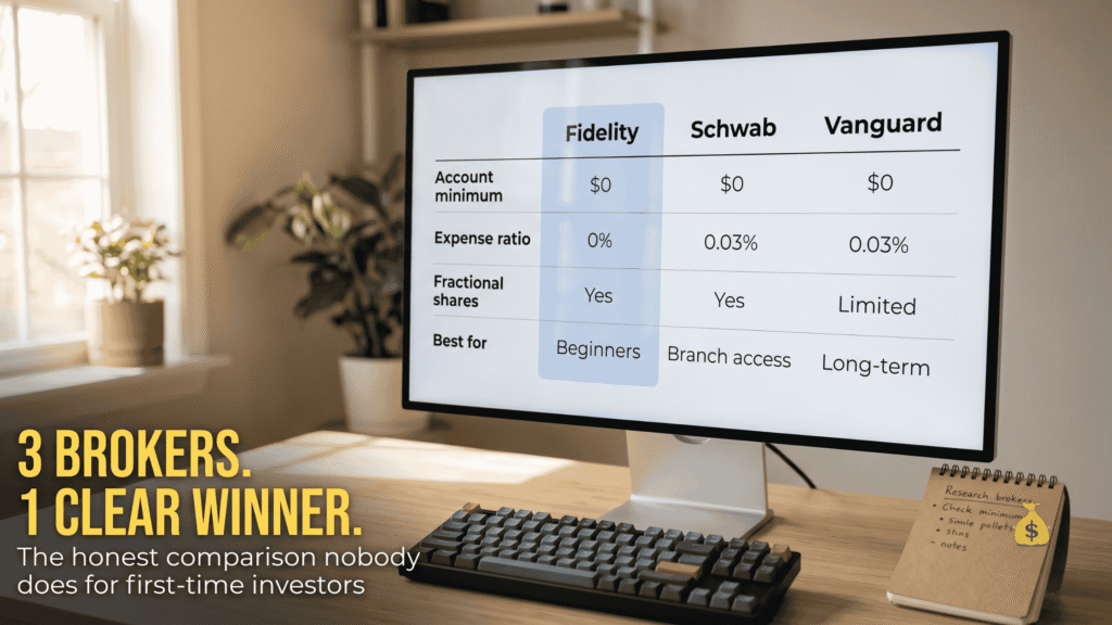 How to Open a Brokerage Account for the First Time: 9 Easy Steps (2026) Fidelity vs Schwab vs Vanguard comparison table on desktop monitor best brokerage account for beginners