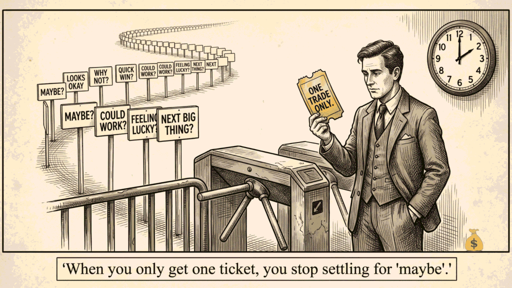Trading Psychology Cognitive Biases: 7 Hidden Brain Traps Costing You Money Vintage cartoon of a trader holding a single golden ticket labeled one trade only at a turnstile with a queue of tempting setups behind him — the Golden Ticket method for over trading