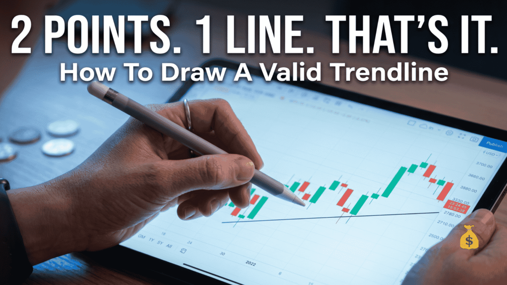 Hand drawing a trendline trading strategy connecting two swing lows on a stock chart