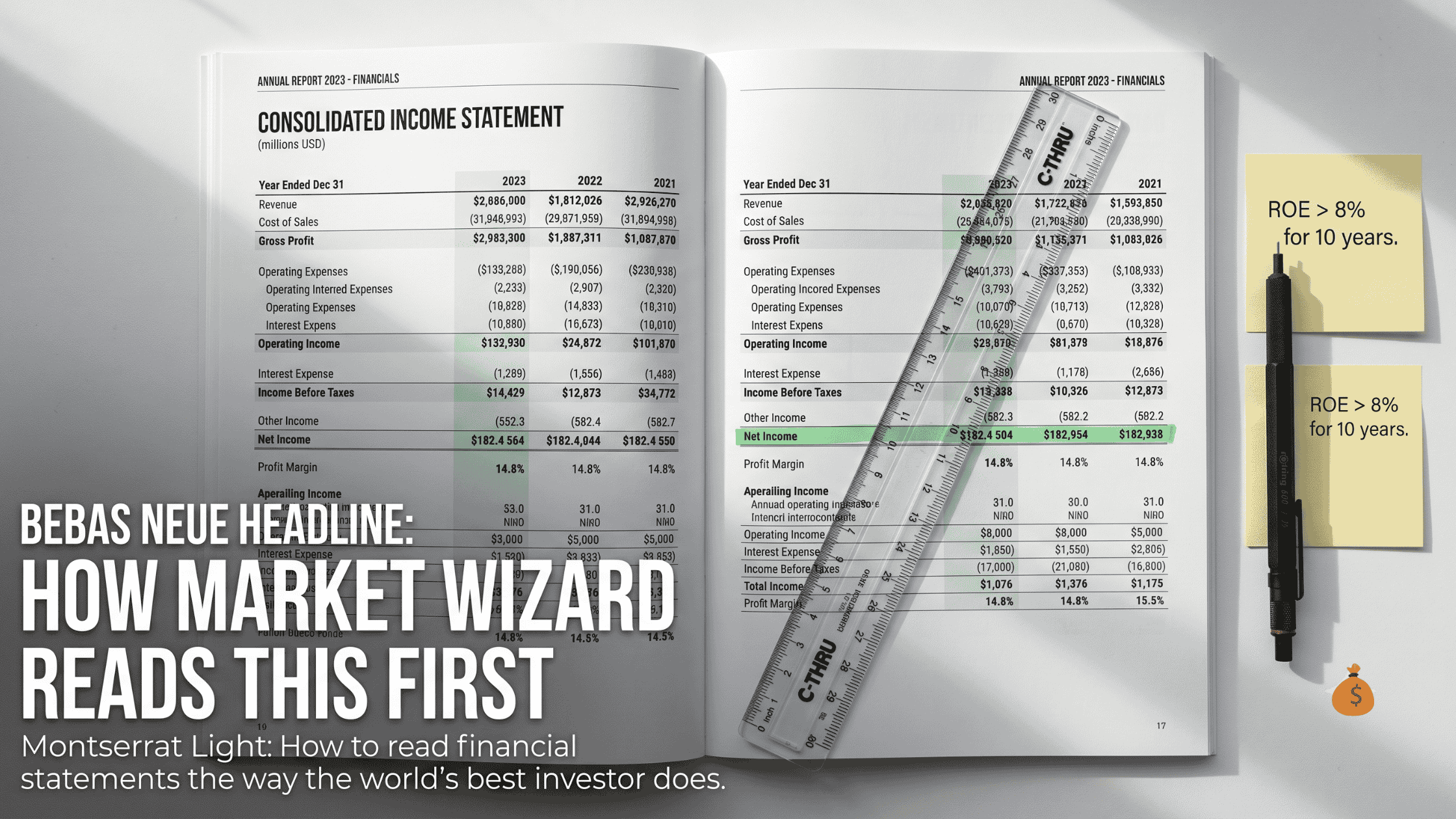 how to read financial statements for value investing — annual report open to income statement with net income highlighted and ROE note