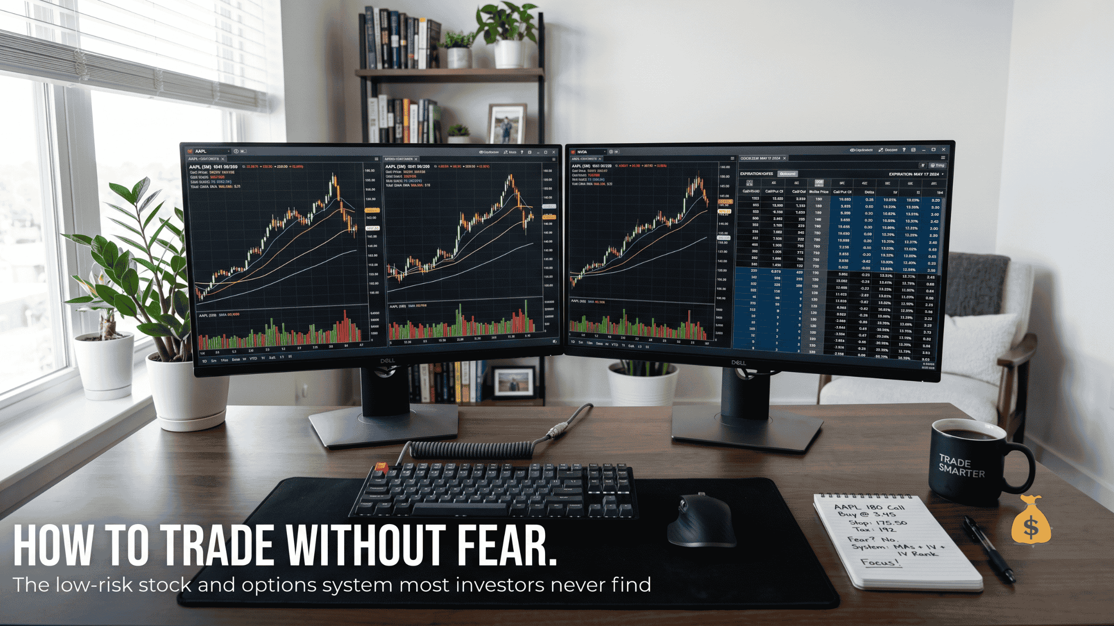 how to trade stocks and options — professional home trading setup with dual monitors showing stock charts and options chain