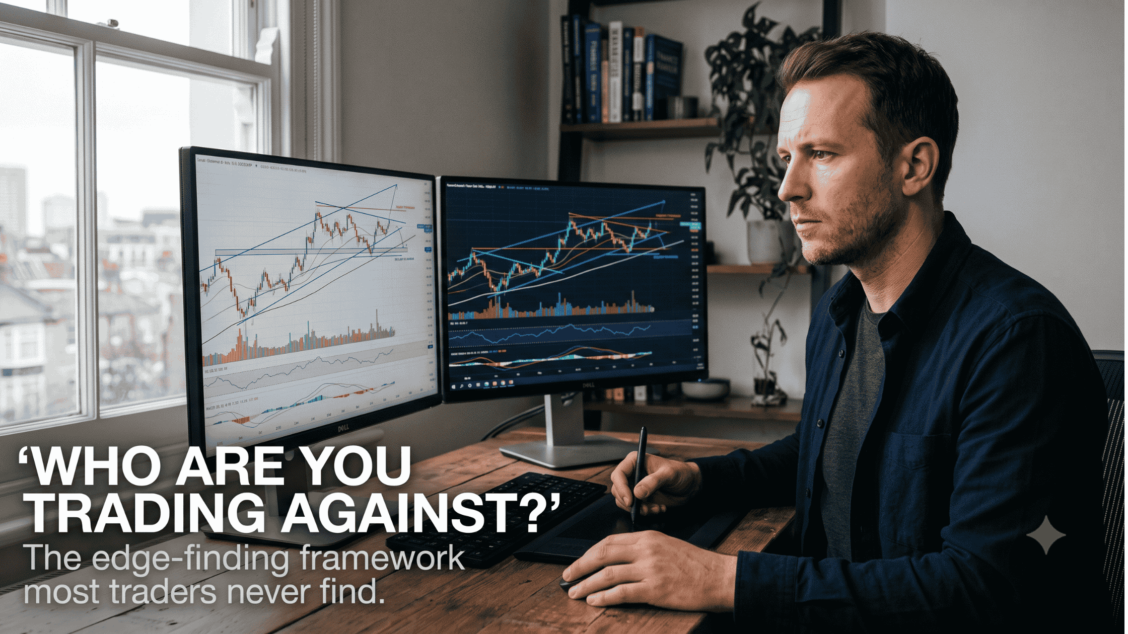 how to trade stocks like a professional — trader reviewing stock charts with trend lines on dual monitors