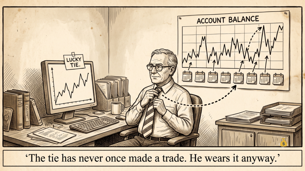 Trading Psychology Cognitive Biases: 7 Hidden Brain Traps Costing You Money illusory correlation lucky tie trading cartoon.webp