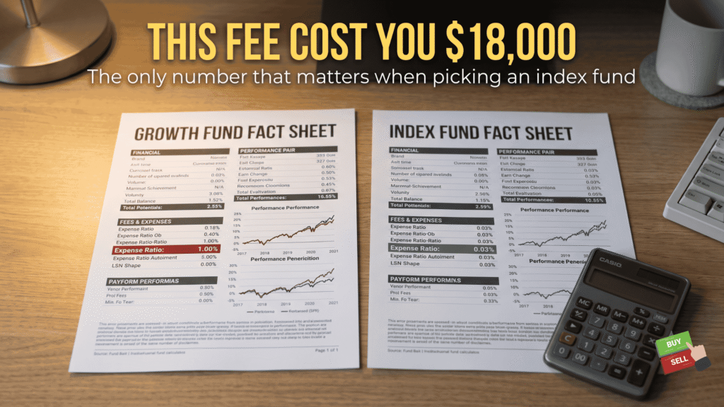 What Is an Index Fund for Beginners? (And Why It Beats Most Investors) Side-by-side comparison of two fund fact sheets showing a high 1.00% expense ratio highlighted in red versus a low 0.03% index fund expense ratio in green next to a calculator.