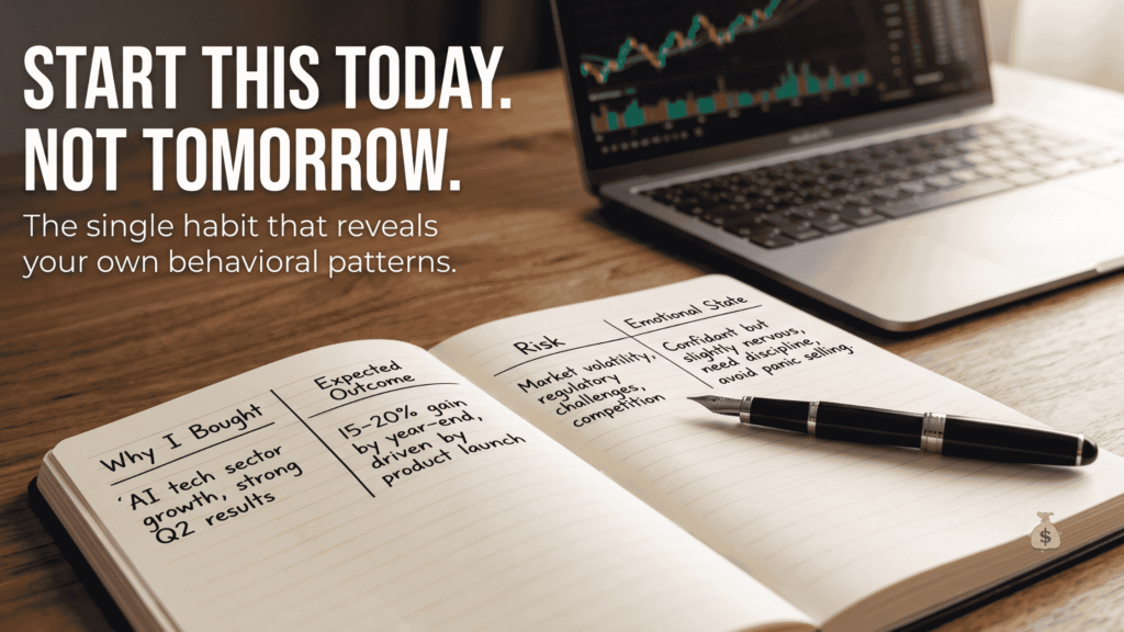 Handwritten investment journal showing why bought, expected outcome, risk, and emotional state columns for tracking investing decisions
