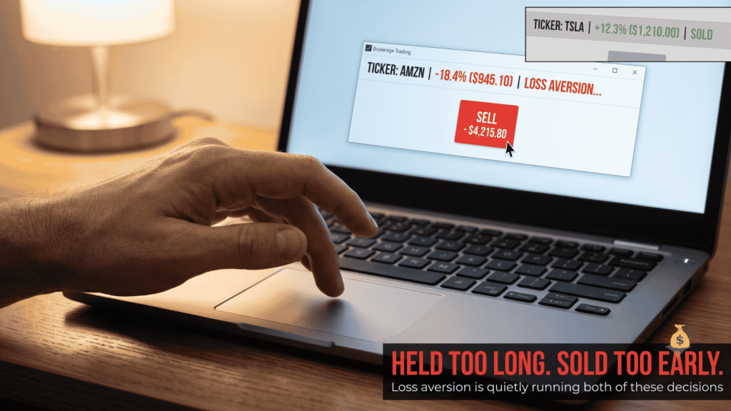 Hand hesitating over a sell button on a losing stock position — loss aversion bias in investing decisions