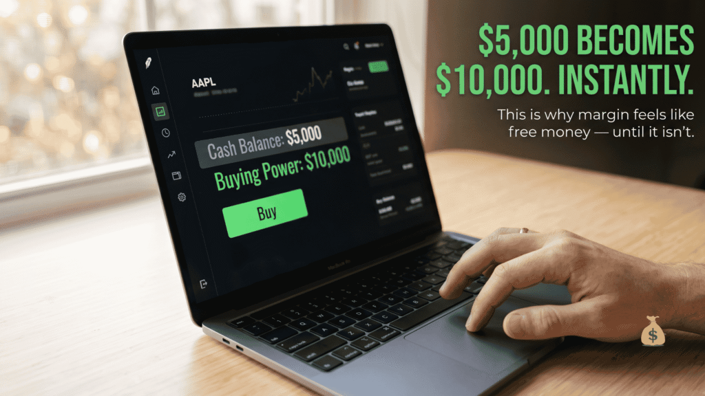 Trading on Margin: How It Works, the Real Risks, and Why Most Beginners Get Burned Brokerage dashboard showing buying power doubled from $5,000 cash to $10,000 with margin how margin trading increases buying power