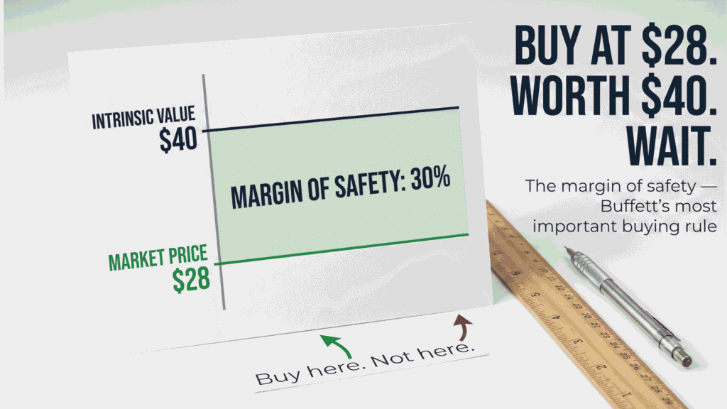 How to Read Financial Statements for Value Investing (Warren Buffett's Approach) Margin of safety chart showing intrinsic value $40 vs market price $28 with 30% safety gap value investing buying principle