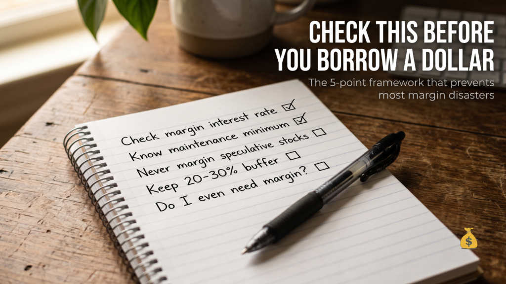 Trading on Margin: How It Works, the Real Risks, and Why Most Beginners Get Burned Handwritten margin trading safety checklist showing interest rate check, maintenance minimum, and risk buffer steps before borrowing
