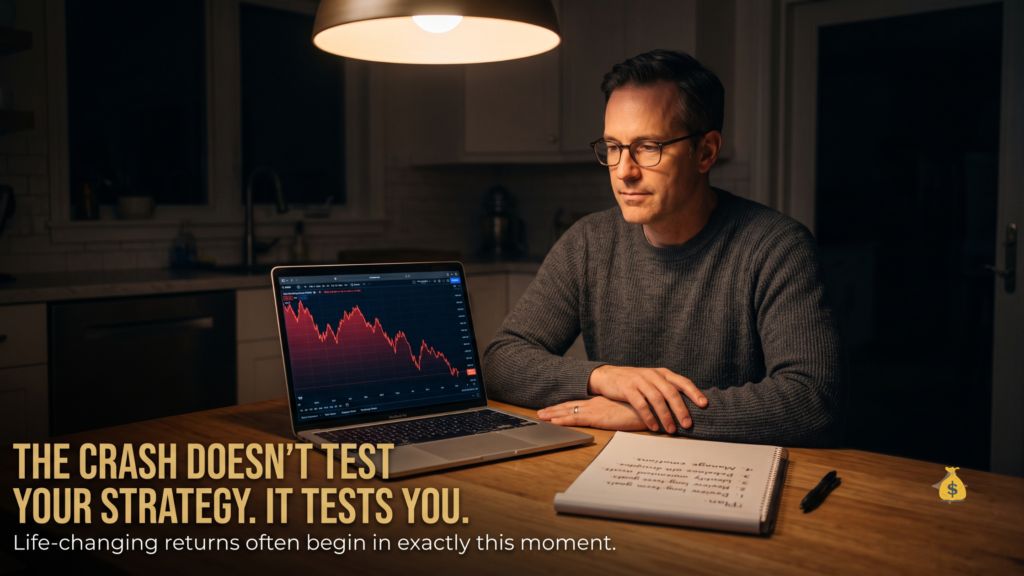 Composed investor reviewing a declining market chart at night with a written checklist staying rational during a market crash