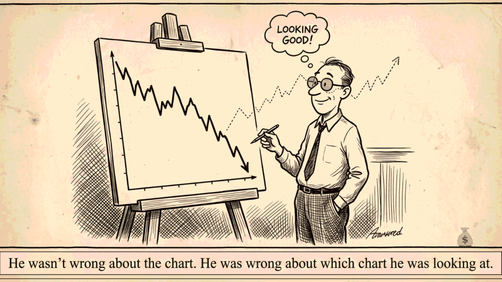 Trading Psychology Cognitive Biases: 7 Hidden Brain Traps Costing You Money Vintage cartoon of a trader wearing rose-tinted glasses seeing an upward chart while the real chart trends down optimism bias in trading psychology cognitive biases