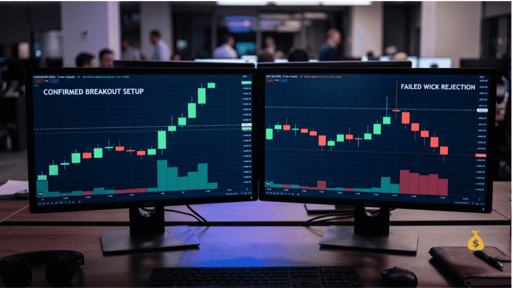 How to Refine Order Blocks for Safer Trade Entries(Complete Guide) Order block vs rejection block comparison on trading monitors showing confirmed breakout versus failed rejection